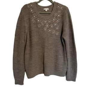 Garnet Hill Grey Wool Alpaca Knit Sweater Embellished Flowers Rhinestones XL